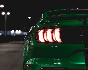 Preview wallpaper car, green, lights, backlight, back view, night