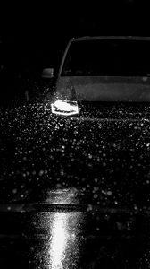 Preview wallpaper car, headlights, bw, rain, drops