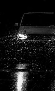 Preview wallpaper car, headlights, bw, rain, drops