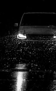 Preview wallpaper car, headlights, bw, rain, drops