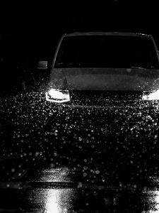 Preview wallpaper car, headlights, bw, rain, drops