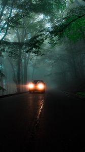 Preview wallpaper car, headlights, fog, lights, trees, road