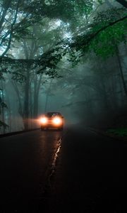 Preview wallpaper car, headlights, fog, lights, trees, road