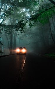 Preview wallpaper car, headlights, fog, lights, trees, road