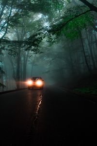 Preview wallpaper car, headlights, fog, lights, trees, road