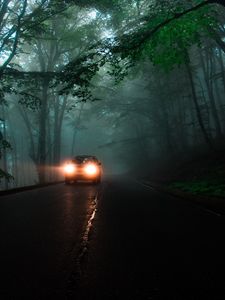 Preview wallpaper car, headlights, fog, lights, trees, road