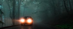 Preview wallpaper car, headlights, fog, lights, trees, road