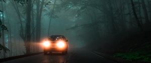 Preview wallpaper car, headlights, fog, lights, trees, road
