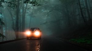 Preview wallpaper car, headlights, fog, lights, trees, road