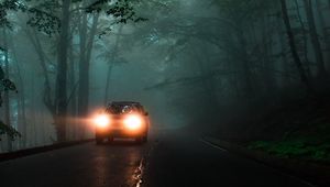 Preview wallpaper car, headlights, fog, lights, trees, road