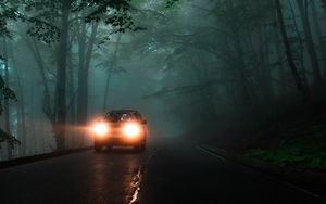 Preview wallpaper car, headlights, fog, lights, trees, road