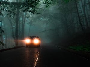 Preview wallpaper car, headlights, fog, lights, trees, road