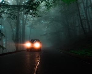 Preview wallpaper car, headlights, fog, lights, trees, road