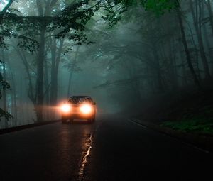 Preview wallpaper car, headlights, fog, lights, trees, road