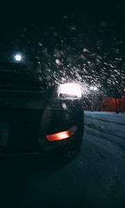 Preview wallpaper car, headlights, rear view, snow, night