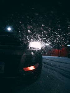 Preview wallpaper car, headlights, rear view, snow, night