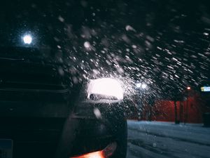 Preview wallpaper car, headlights, rear view, snow, night