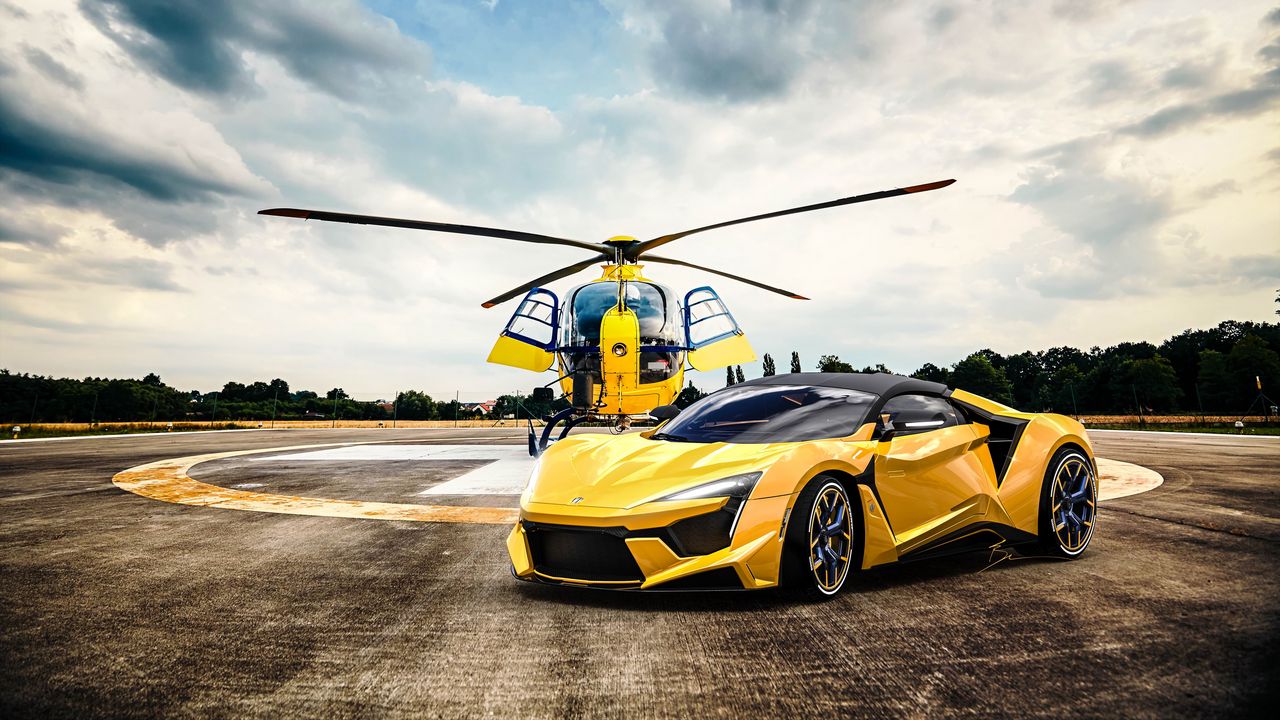 Wallpaper car, helicopter, yellow, sportscar