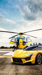 Preview wallpaper car, helicopter, yellow, sportscar