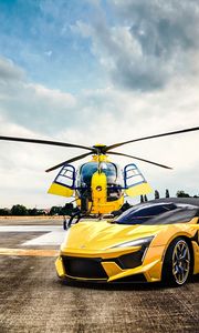 Preview wallpaper car, helicopter, yellow, sportscar