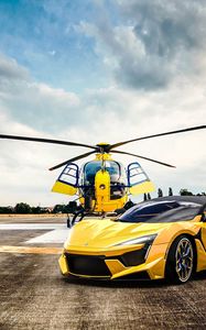 Preview wallpaper car, helicopter, yellow, sportscar