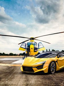 Preview wallpaper car, helicopter, yellow, sportscar