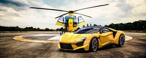 Preview wallpaper car, helicopter, yellow, sportscar