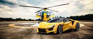 Preview wallpaper car, helicopter, yellow, sportscar