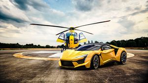 Preview wallpaper car, helicopter, yellow, sportscar