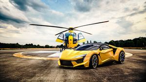 Preview wallpaper car, helicopter, yellow, sportscar