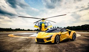 Preview wallpaper car, helicopter, yellow, sportscar