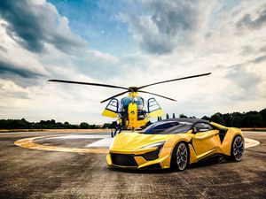 Preview wallpaper car, helicopter, yellow, sportscar