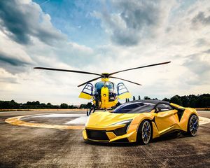 Preview wallpaper car, helicopter, yellow, sportscar