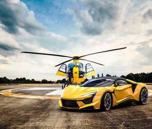 Preview wallpaper car, helicopter, yellow, sportscar