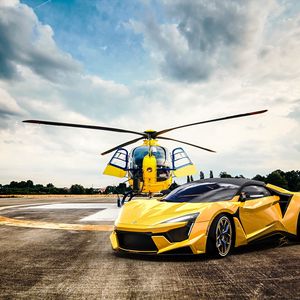 Preview wallpaper car, helicopter, yellow, sportscar