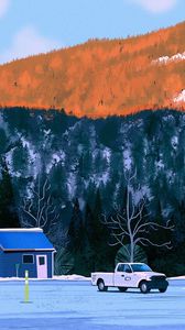 Preview wallpaper car, home, forest, hill, snow, art