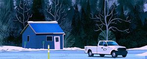 Preview wallpaper car, home, forest, hill, snow, art