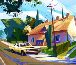 Preview wallpaper car, house, art, colorful