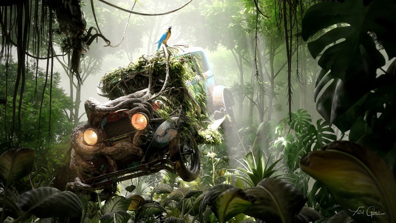 Wallpaper car, jungle, parrot, old, abandoned