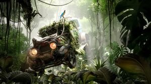 Preview wallpaper car, jungle, parrot, old, abandoned