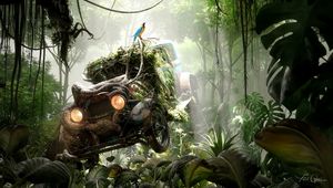 Preview wallpaper car, jungle, parrot, old, abandoned