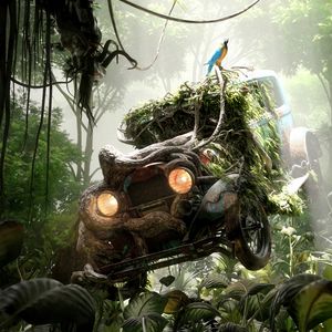 Preview wallpaper car, jungle, parrot, old, abandoned