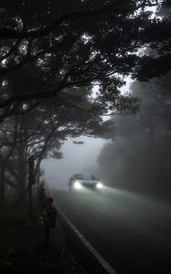 Preview wallpaper car, light, road, fog, gloomy