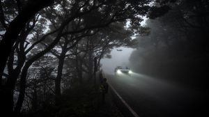 Preview wallpaper car, light, road, fog, gloomy