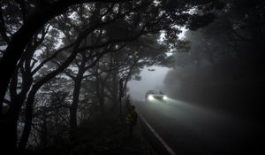 Preview wallpaper car, light, road, fog, gloomy