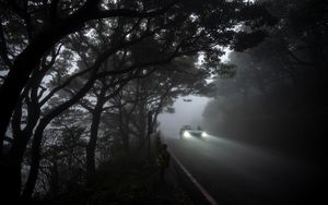 Preview wallpaper car, light, road, fog, gloomy