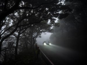 Preview wallpaper car, light, road, fog, gloomy