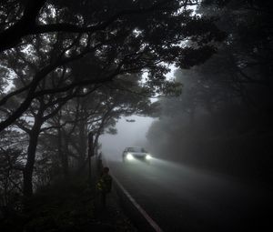 Preview wallpaper car, light, road, fog, gloomy