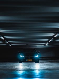 Preview wallpaper car, lights, glow, tunnel