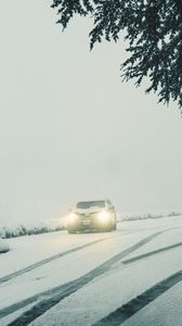 Preview wallpaper car, lights, snow, fog, branches, winter